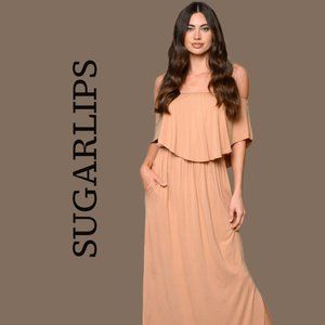 NWT Sugarlips Off Shoulder Ruffle Front Maxi Dress with Pockets Camel Color